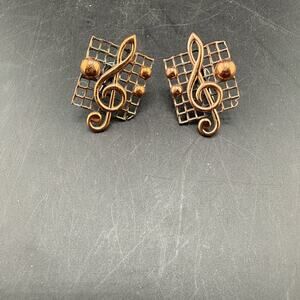 Vintage Renoir Copper Treble Clef Earrings Mid Century Modern Music Clip On